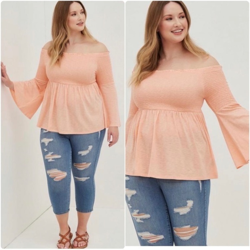 3/$22🩶 Torrid Knit Smocked Off Shoulder Bell Sleeve Top Peach Shirt 3 3X 22 24